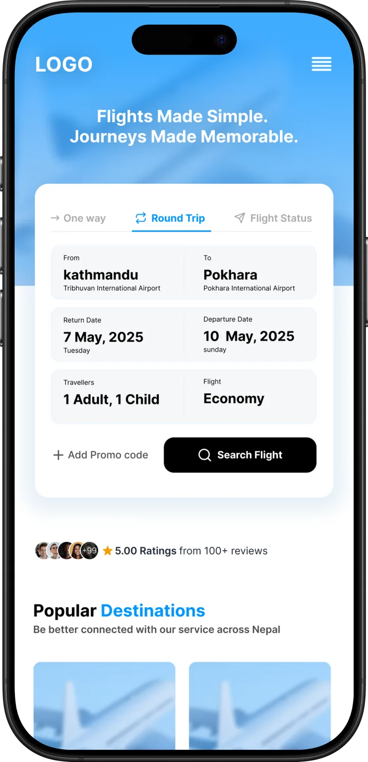 Flight booking mobile app concept โ Kathmandu to Pokhara search screen